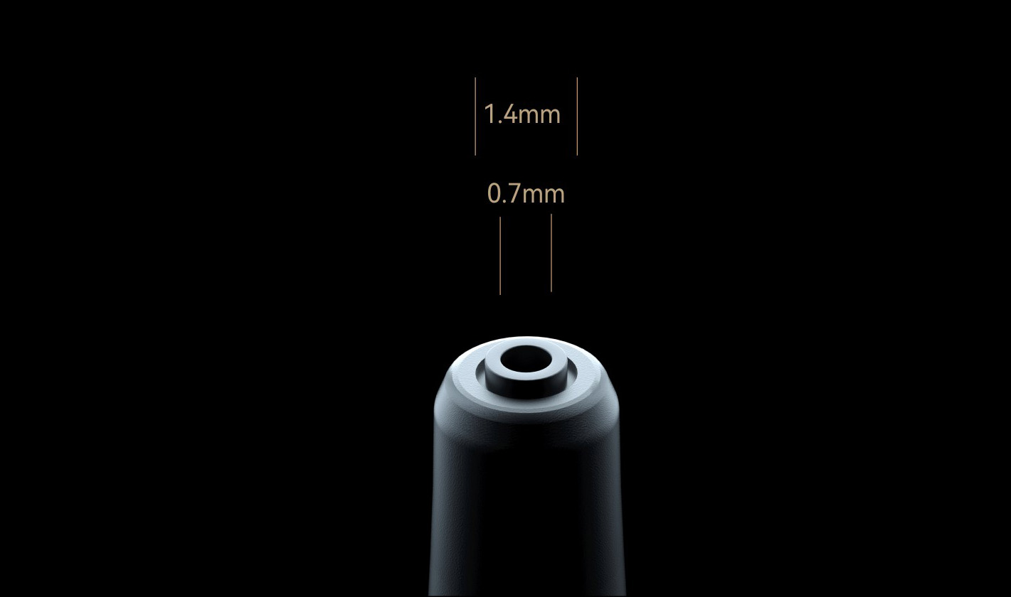 0.7mm Nozzle caliber for powder measures 0.7mm, 1.4mm Nozzle caliber for water measures 1.4mm. Smaller caliber allows more concentrated air polishing.